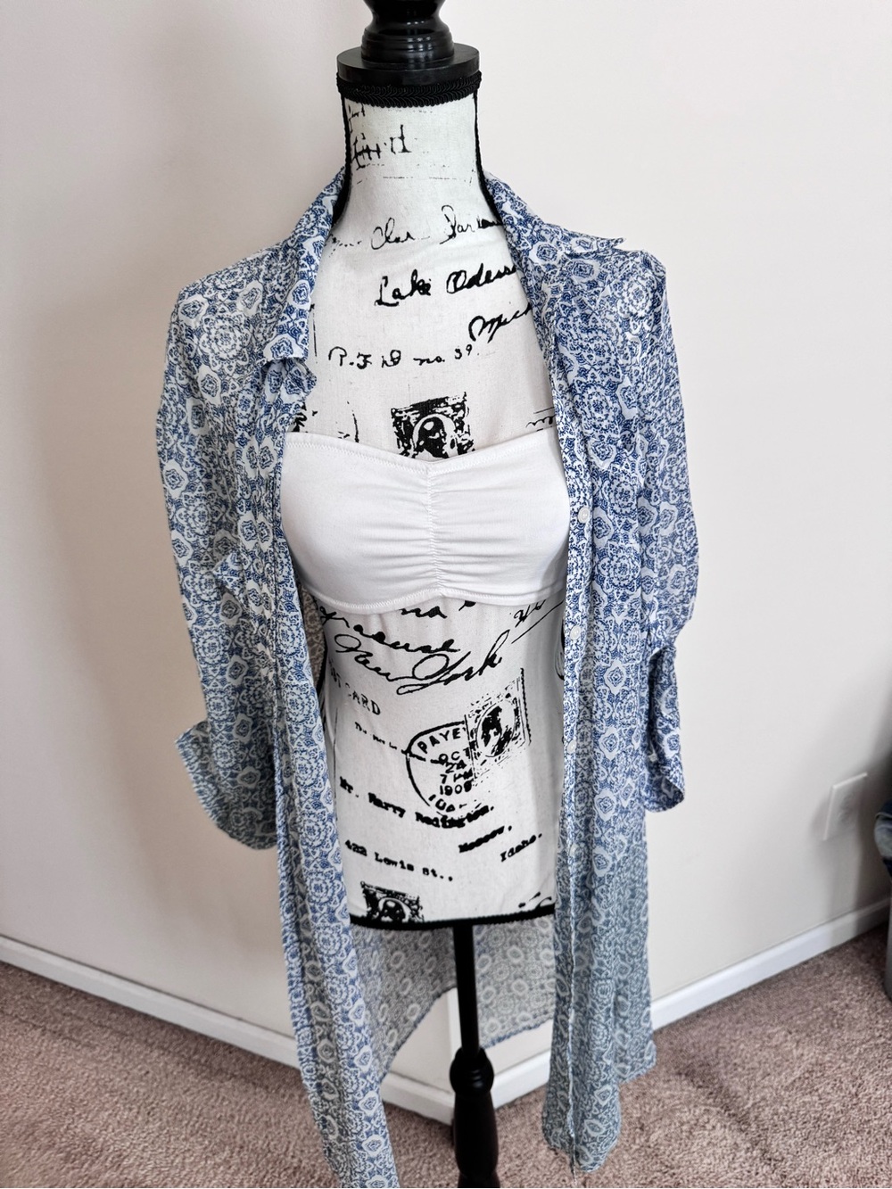 Long Hollister Blue and White Printed Button-Up Shirt